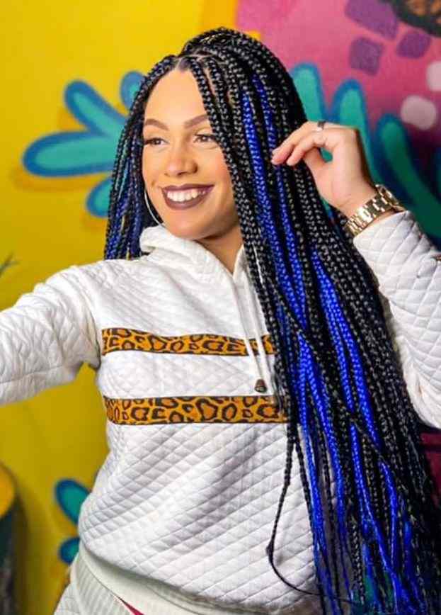 Mid-Back Black Braids With Blue Highlights — Classy Color Braids