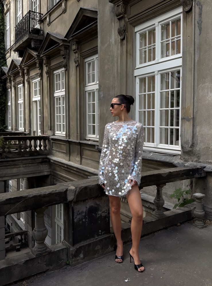 Silver Sequin Mini Dress with Long Sleeves Silver Sequin Mini Dress with Long Sleeves — Classy Concert Dresses