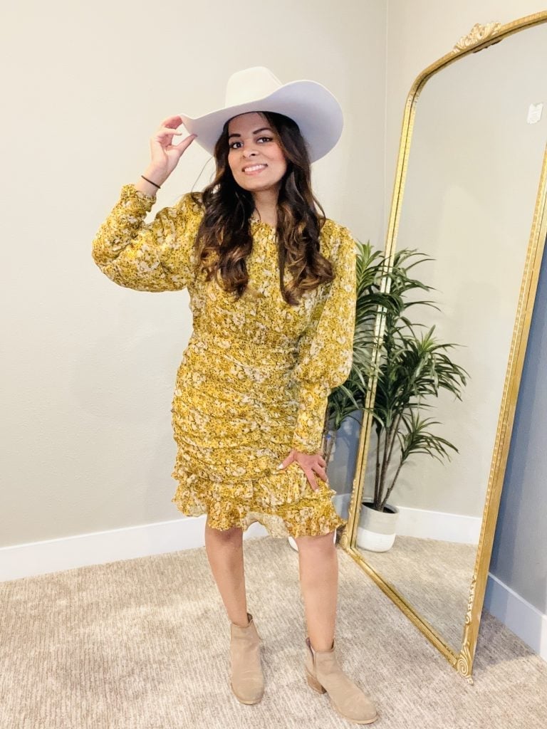 Yellow Ruched Chiffon Dress with Cowboy Hat Yellow Ruched Chiffon Dress with Cowboy Hat — Classy Concert Dresses