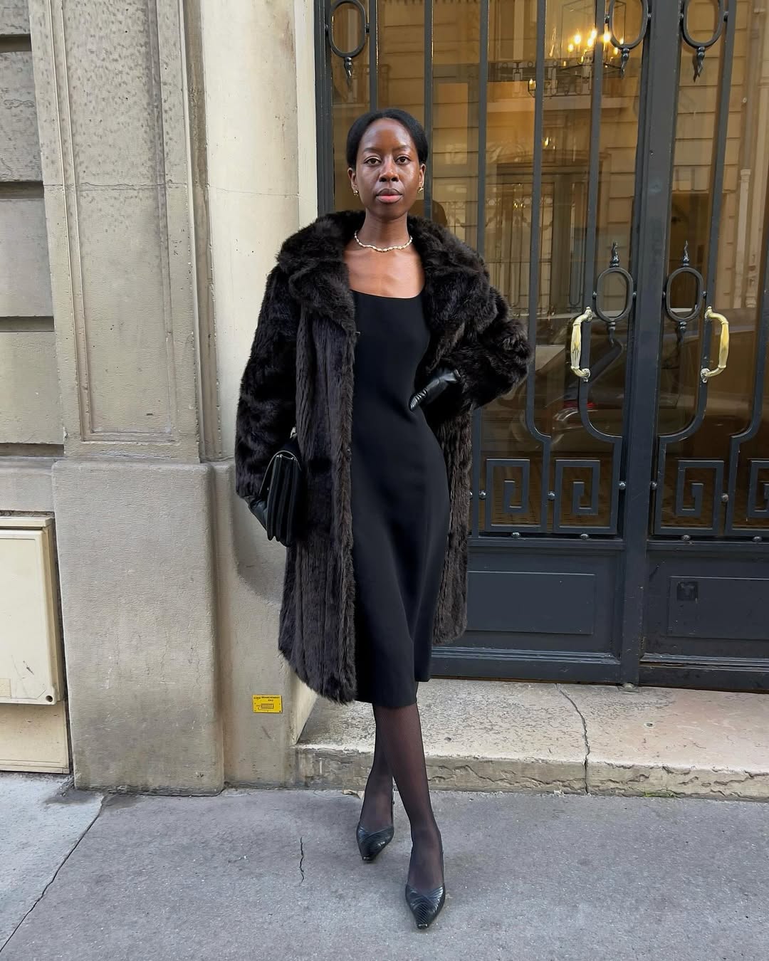 Black Knit Dress with Faux Fur Coat Black Knit Dress with Faux Fur Coat — Classy Concert Dresses