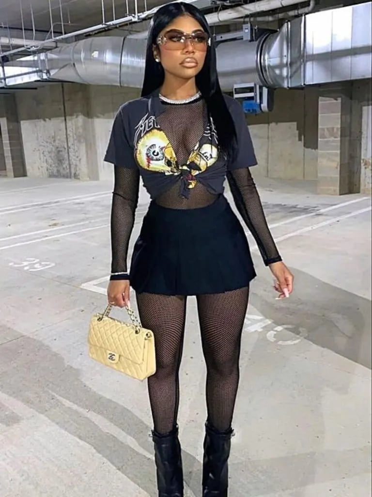 Sheer Mesh Top with Graphic Tee and Mini Skirt — Classy Concert Outfits Black Women