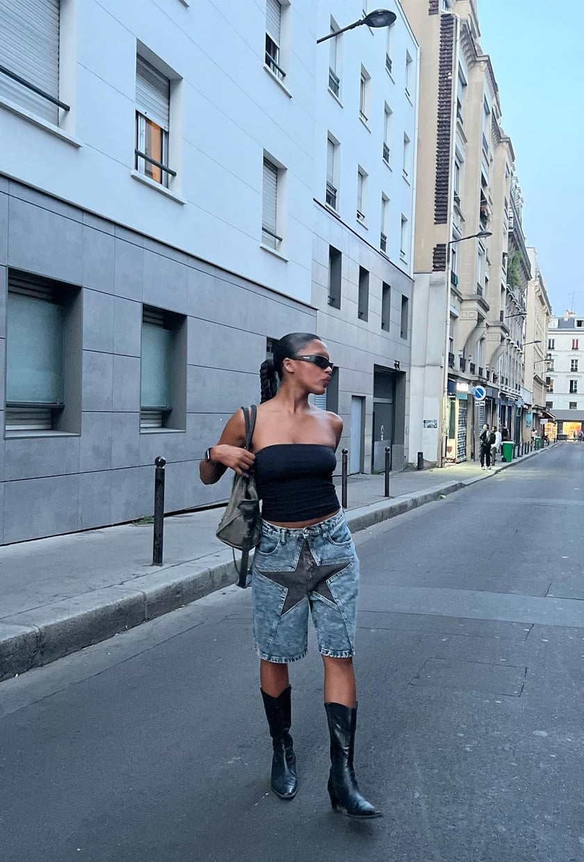 Strapless Top with Star-Embellished Denim Shorts — Classy Concert Outfits Black Women