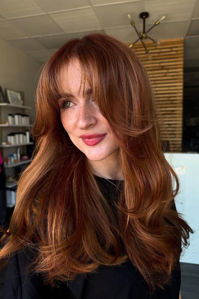 Collarbone Lob With Copper Blonde Highlights and Curtain Bangs — Classy Copper Hair Color