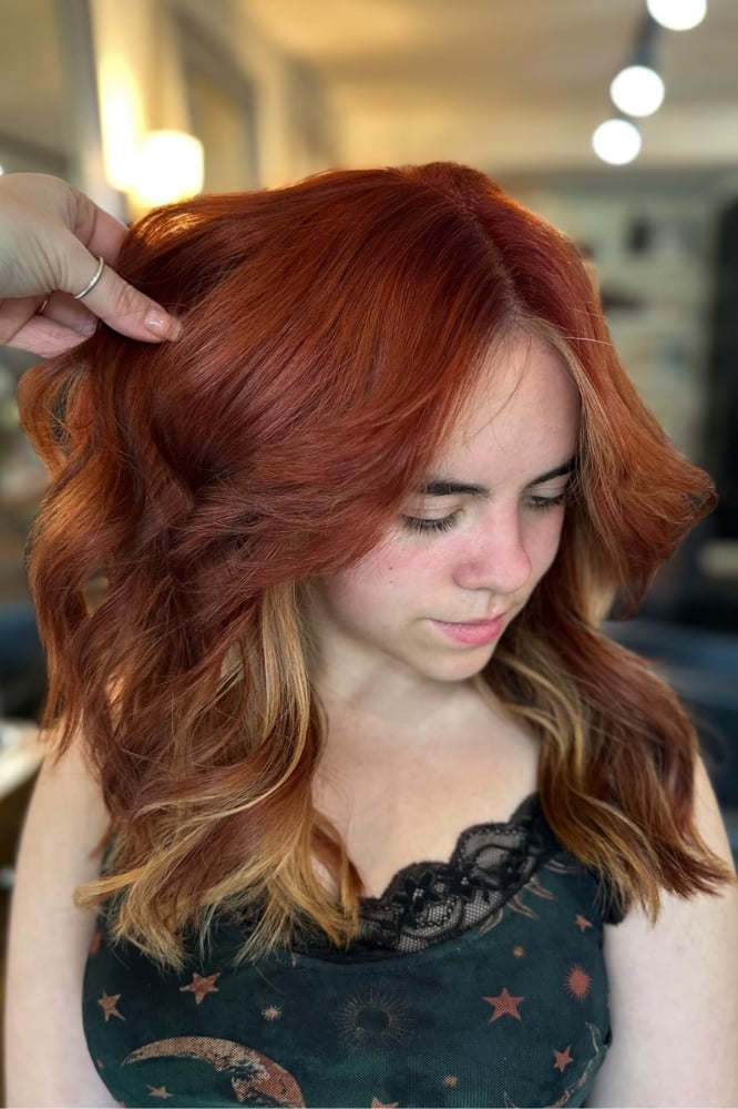 Collarbone Copper With Blonde Highlights Waves, Middle — Classy Copper Hair Color