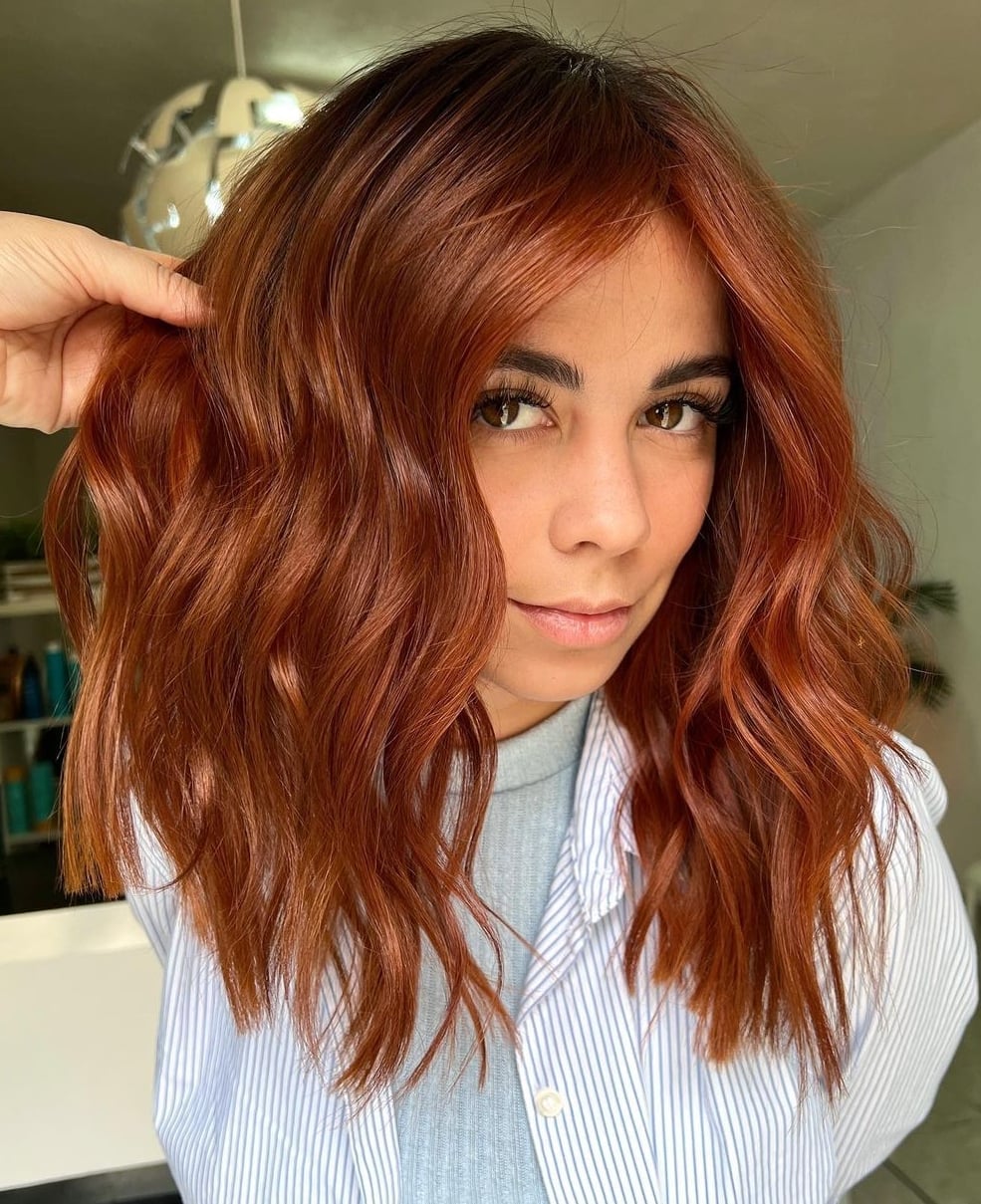 Collarbone Copper With Lighter Tones Waves — Classy Copper Hair Color