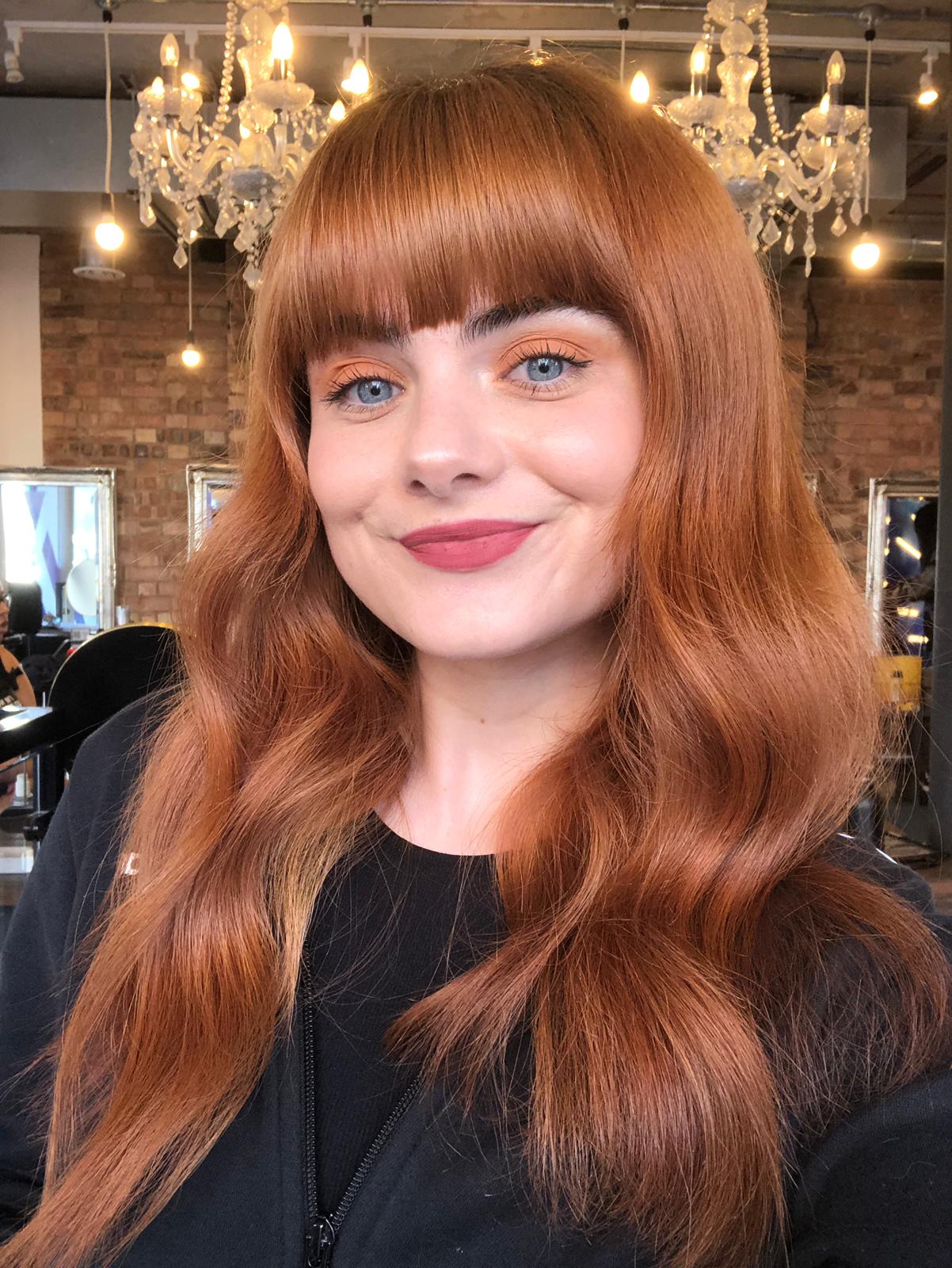 Shoulder Length Vibrant Copper With Full Bangs — Classy Copper Hair Color