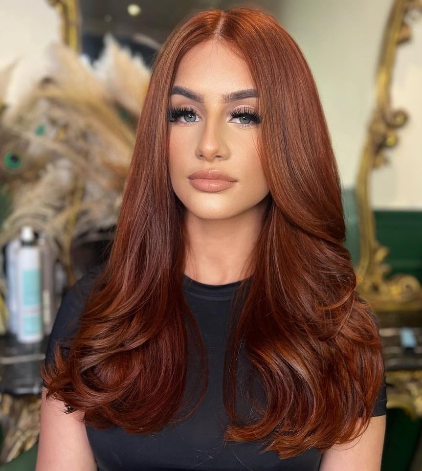 Mid-Back Rich Copper With Curtain Bangs — Classy Copper Hair Color