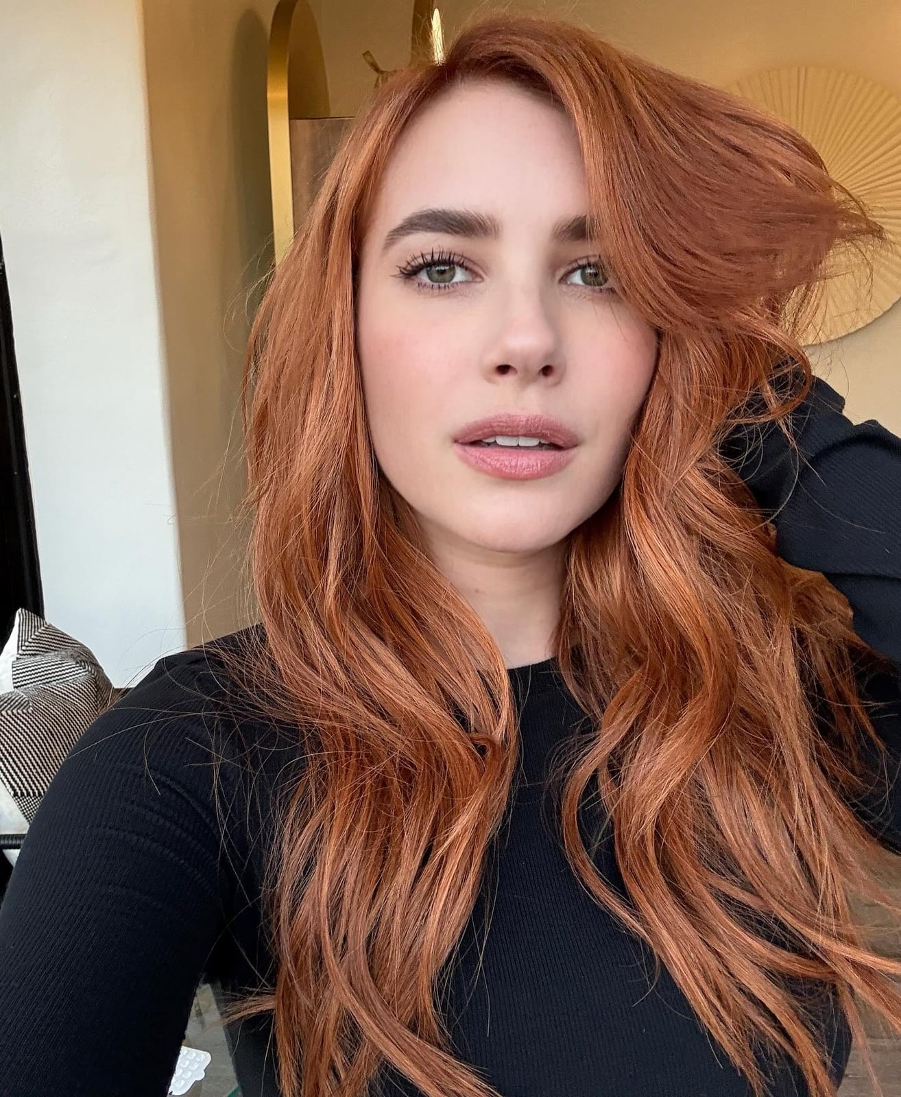 Mid-Back Copper With Lighter Highlights Blowout and Curtain Bangs — Classy Copper Hair Color