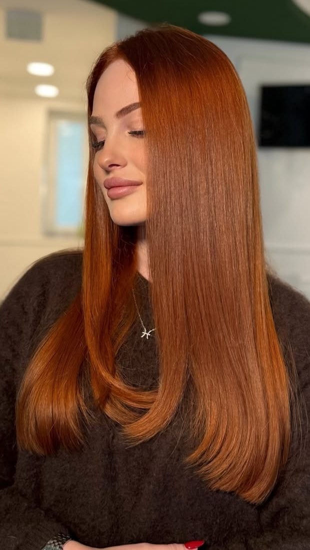Mid-Back Copper With Lighter Highlights Straight, Layers — Classy Copper Hair Color