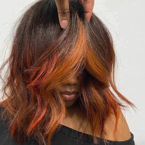 Lob with Curtain Bangs and Copper Brown Balayage, Wavy Lob with Curtain Bangs and Copper Brown Balayage, Wavy — Classy Copper Hair on Black Women
