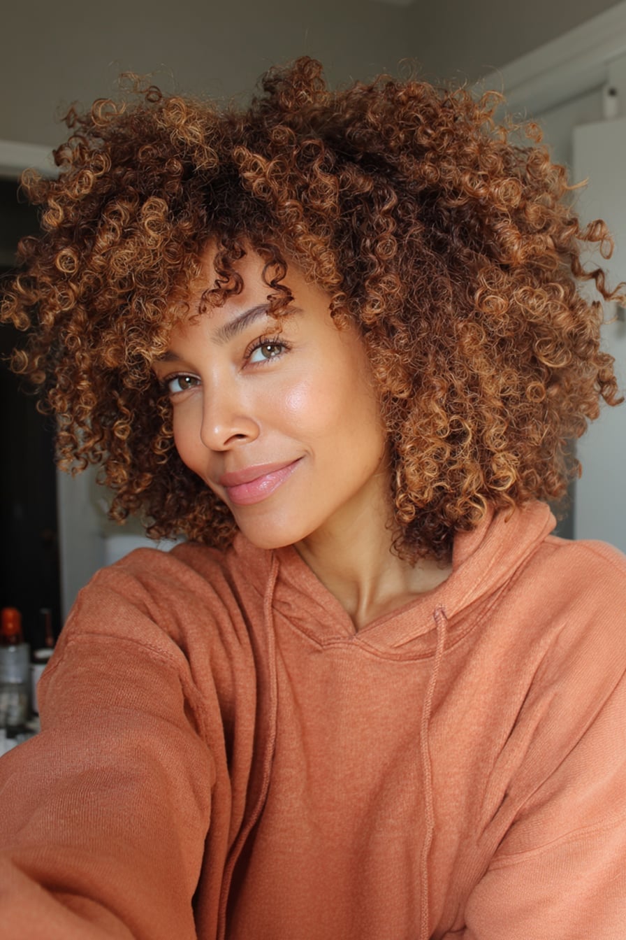 Shoulder Length Natural Curls with Copper Highlights Shoulder Length Natural Curls with Copper Highlights — Classy Copper Hair on Black Women