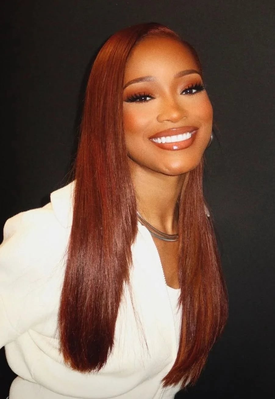 Straight Mid-Back Hair with Copper Balayage Straight Mid-Back Hair with Copper Balayage — Classy Copper Hair on Black Women