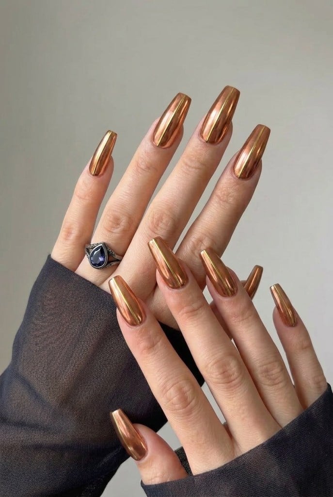 Long Stiletto Metallic Copper Polish Long Stiletto Metallic Copper Polish — Classy Copper Nails