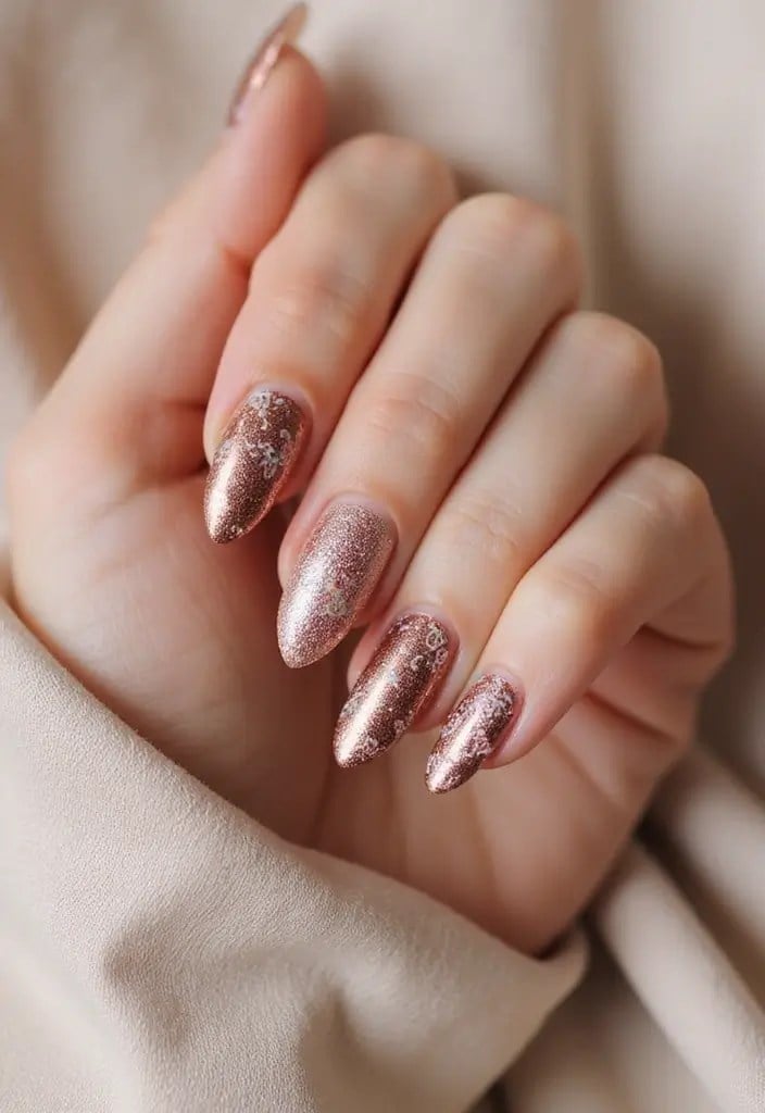 Short Almond Rose Gold Shimmer Floral Foil Short Almond Rose Gold Shimmer Floral Foil — Classy Copper Nails