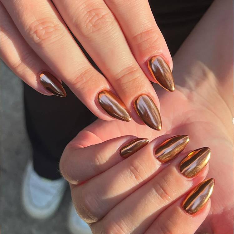 Medium Almond Metallic Copper Chrome With Full Coverage Medium Almond Metallic Copper Chrome With Full Coverage — Classy Copper Nails