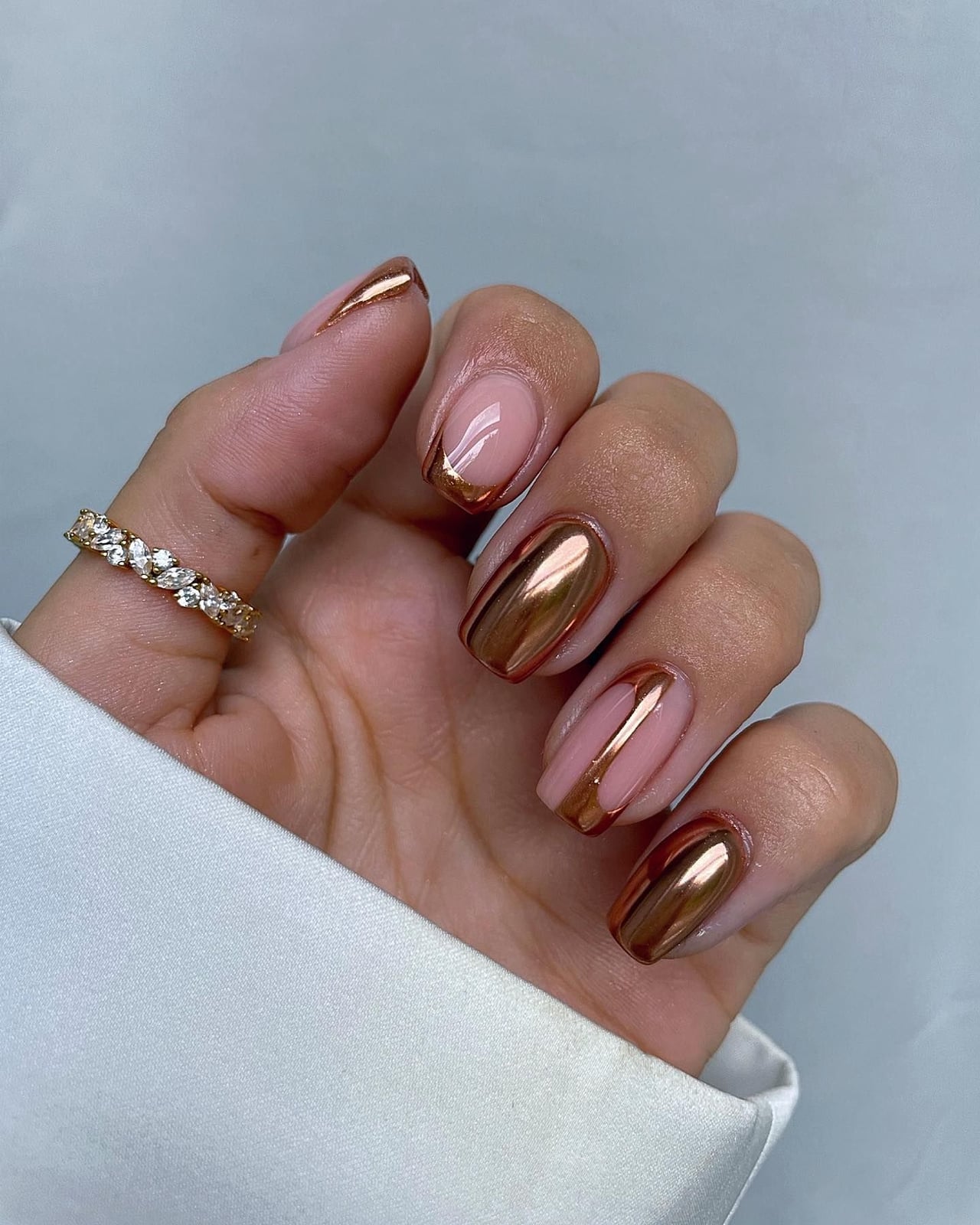 Short Square Rose Gold Chrome French Tips Short Square Rose Gold Chrome French Tips — Classy Copper Nails
