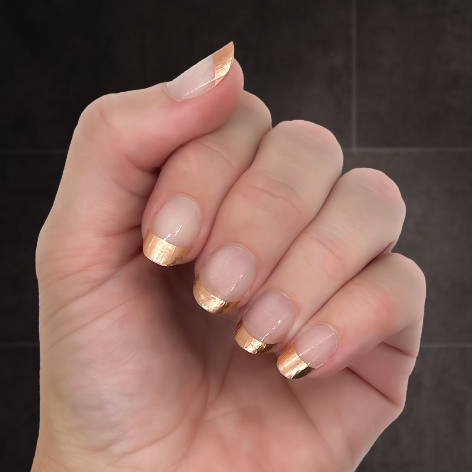 Short Almond Clear Metallic Copper French Short Almond Clear Metallic Copper French — Classy Copper Nails