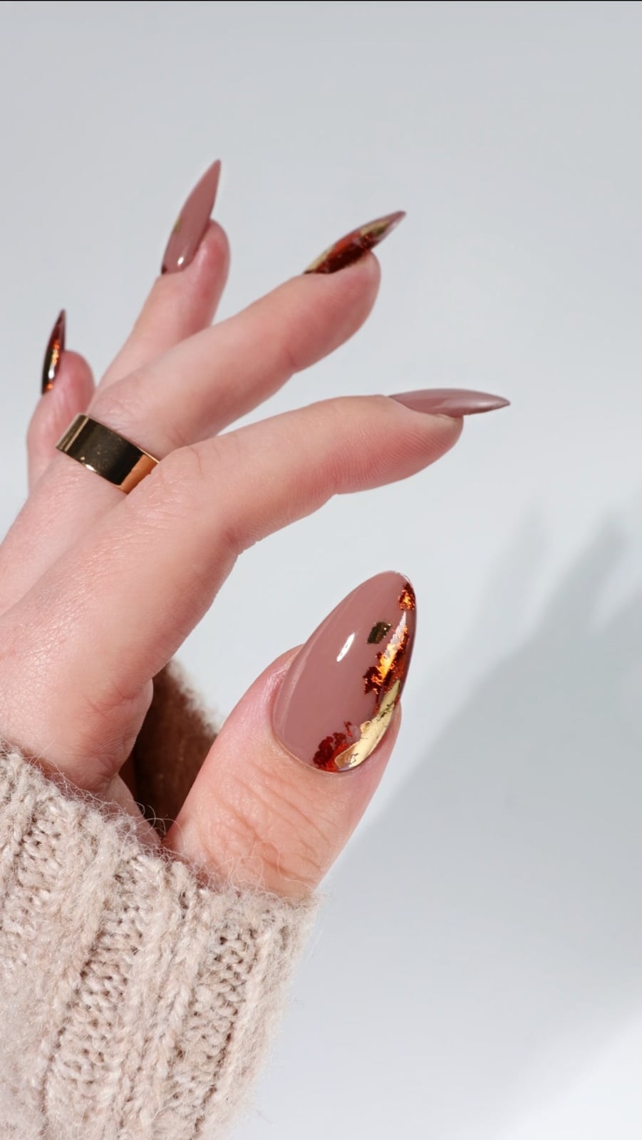 Long Almond Nude Copper Gold Foil Accents Long Almond Nude Copper Gold Foil Accents — Classy Copper Nails