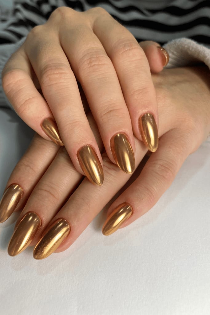 Medium Almond Metallic Gold Chrome Nails Medium Almond Metallic Gold Chrome Nails — Classy Copper Nails