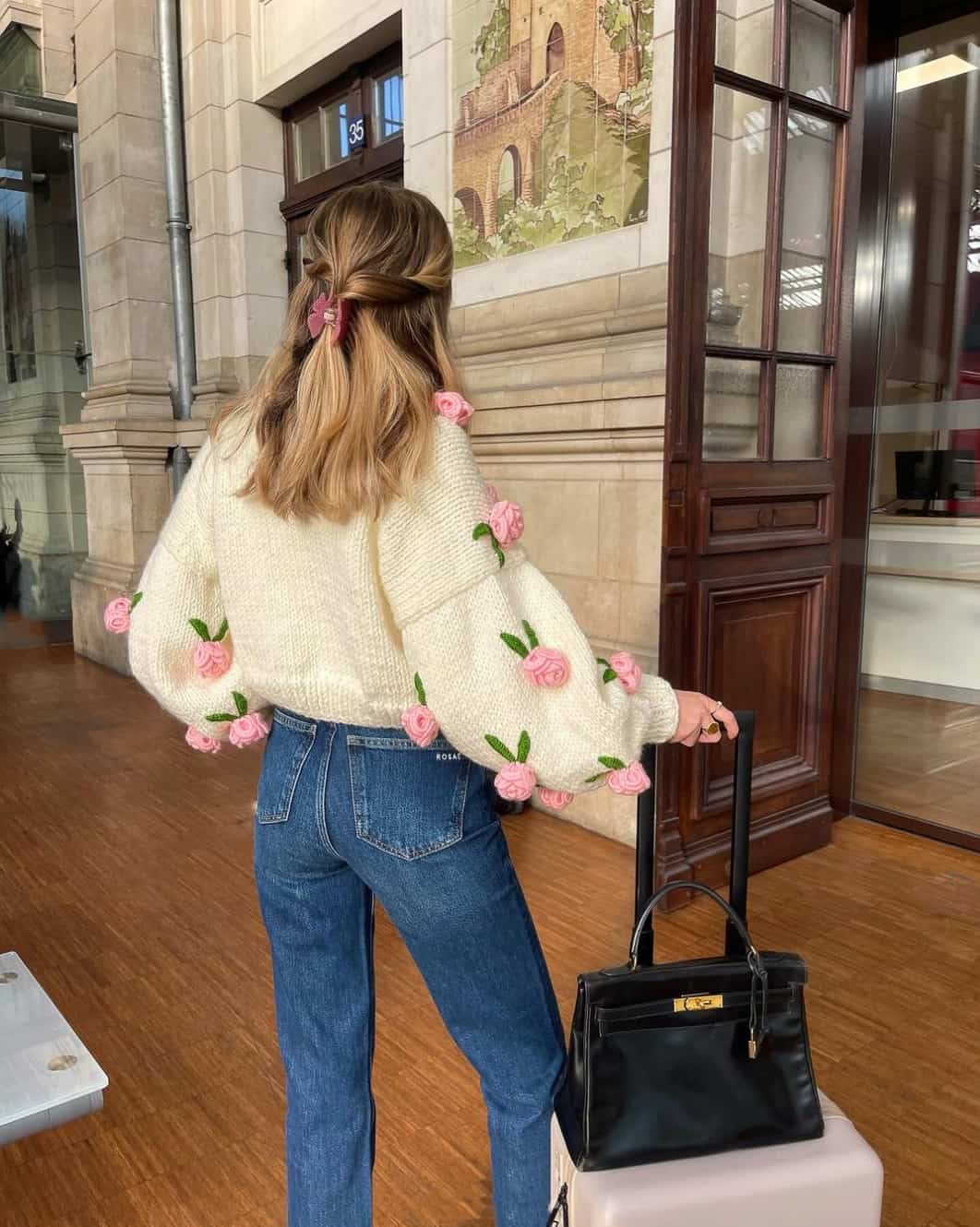 Cream Knit Sweater With Pink Floral Appliqués — Classy Coquette Outfits