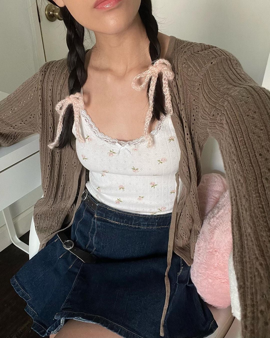 Brown Knit Cardigan Over Lace Camisole With Denim Mini Skirt — Classy Coquette Outfits
