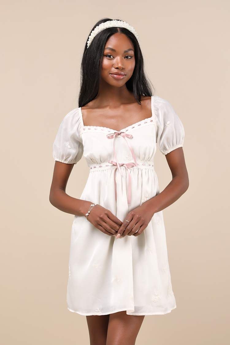Cream Puff Sleeve Mini Dress With Pink Ribbon Ties — Classy Coquette Outfits