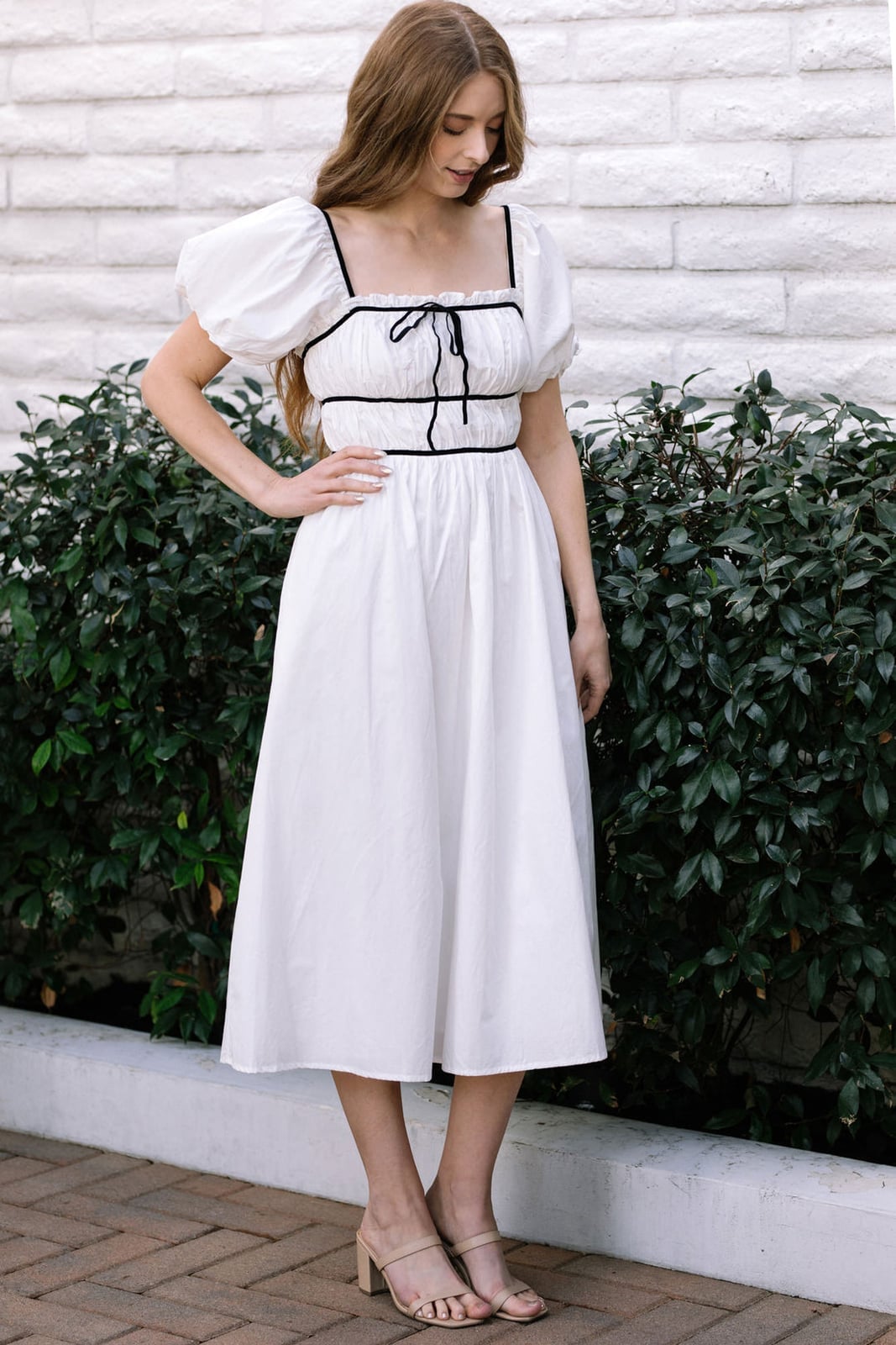 White Cotton Midi Dress With Black Trim And Bow — Classy Coquette Outfits