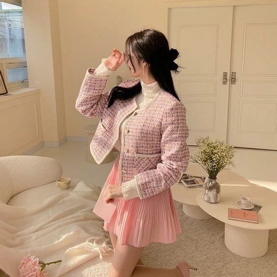 Pink Tweed Cropped Jacket With Pleated Skirt — Classy Coquette Outfits