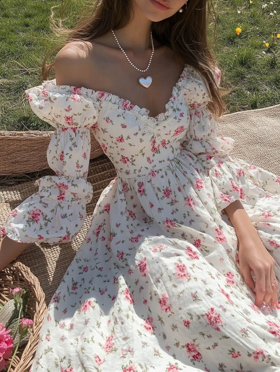White Floral Off-Shoulder Dress With Pearl Necklace — Classy Coquette Outfits