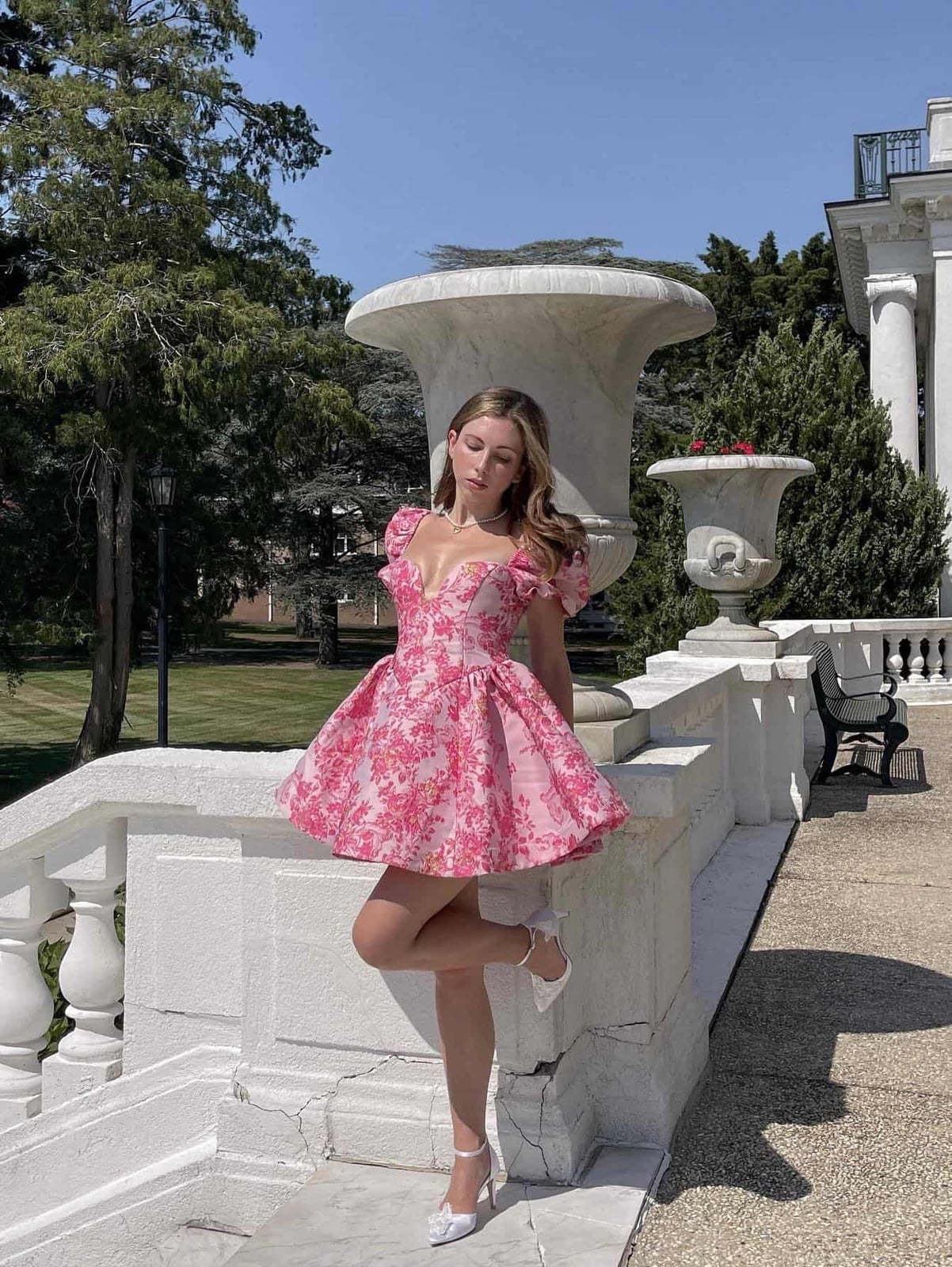 Pink Floral Puff Sleeve Mini Dress With Pearl Necklace — Classy Coquette Outfits