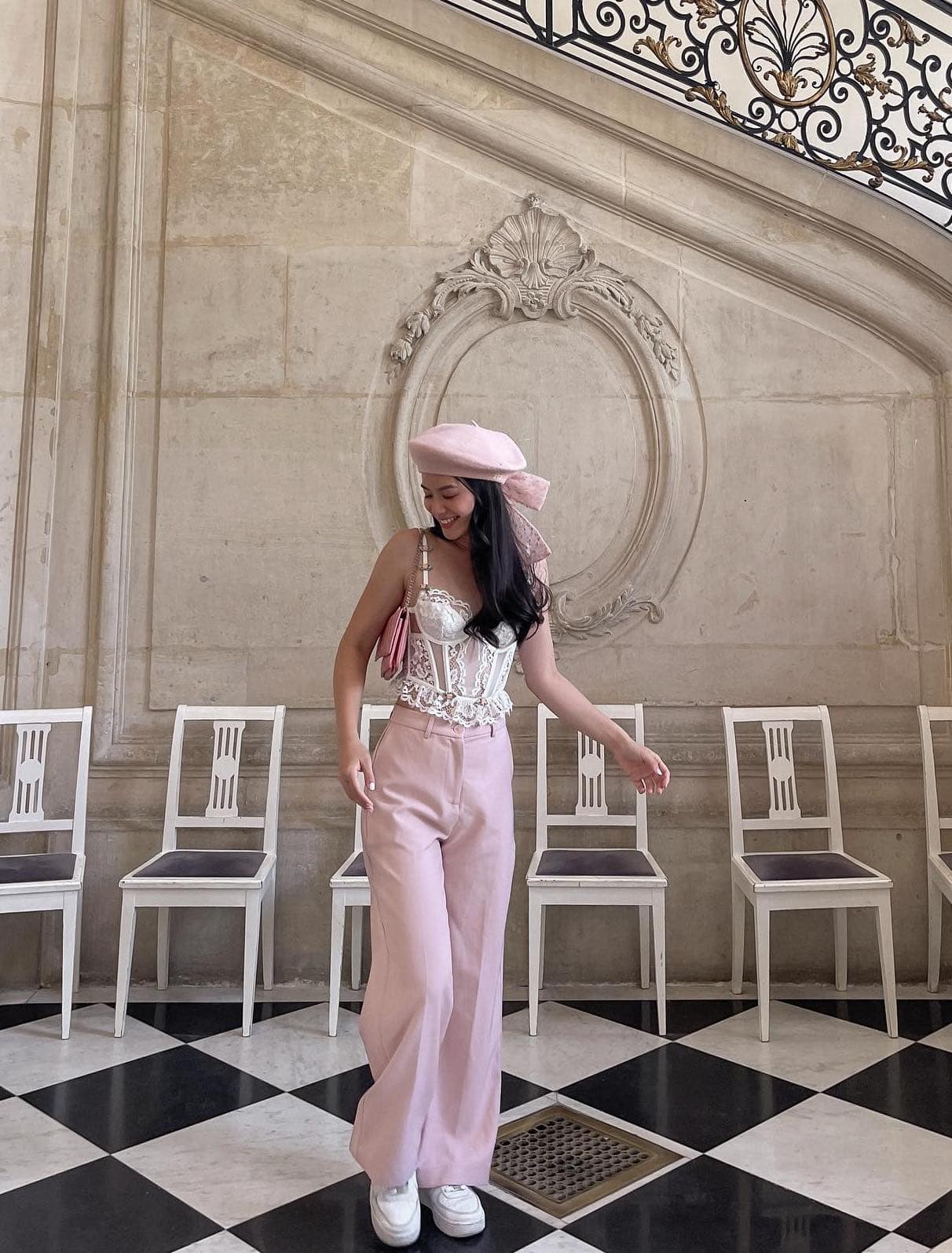 Lace Corset Top With Pastel Pink Wide-Leg Trousers — Classy Coquette Outfits