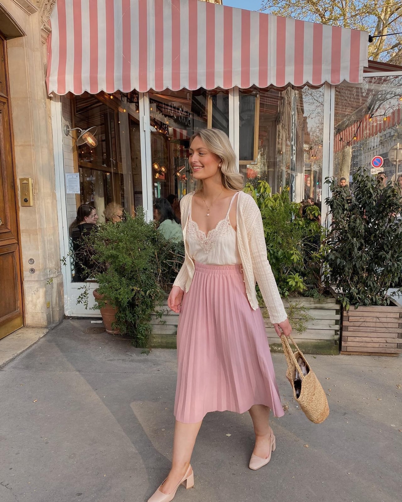 Lace Camisole With Pastel Pink Pleated Midi Skirt — Classy Coquette Outfits