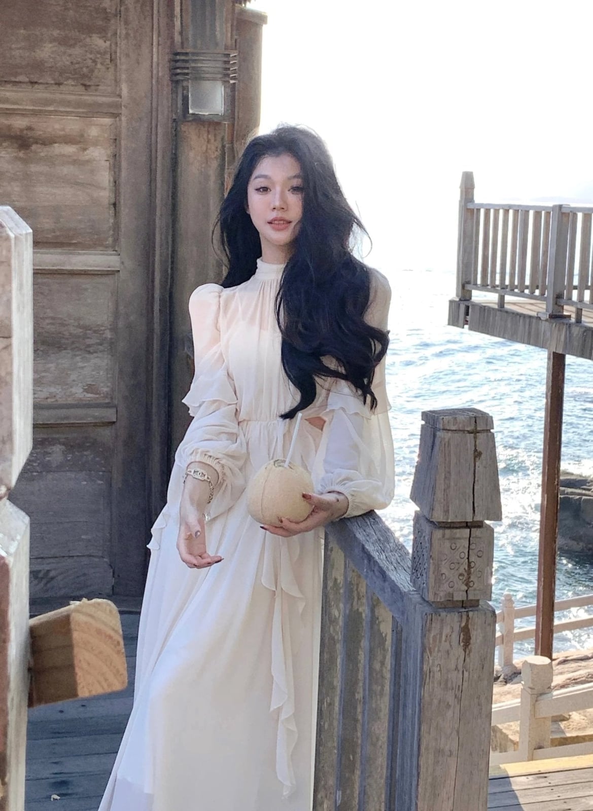 Ivory Maxi Dress With Sheer Ruffled Sleeves — Classy Coquette Outfits