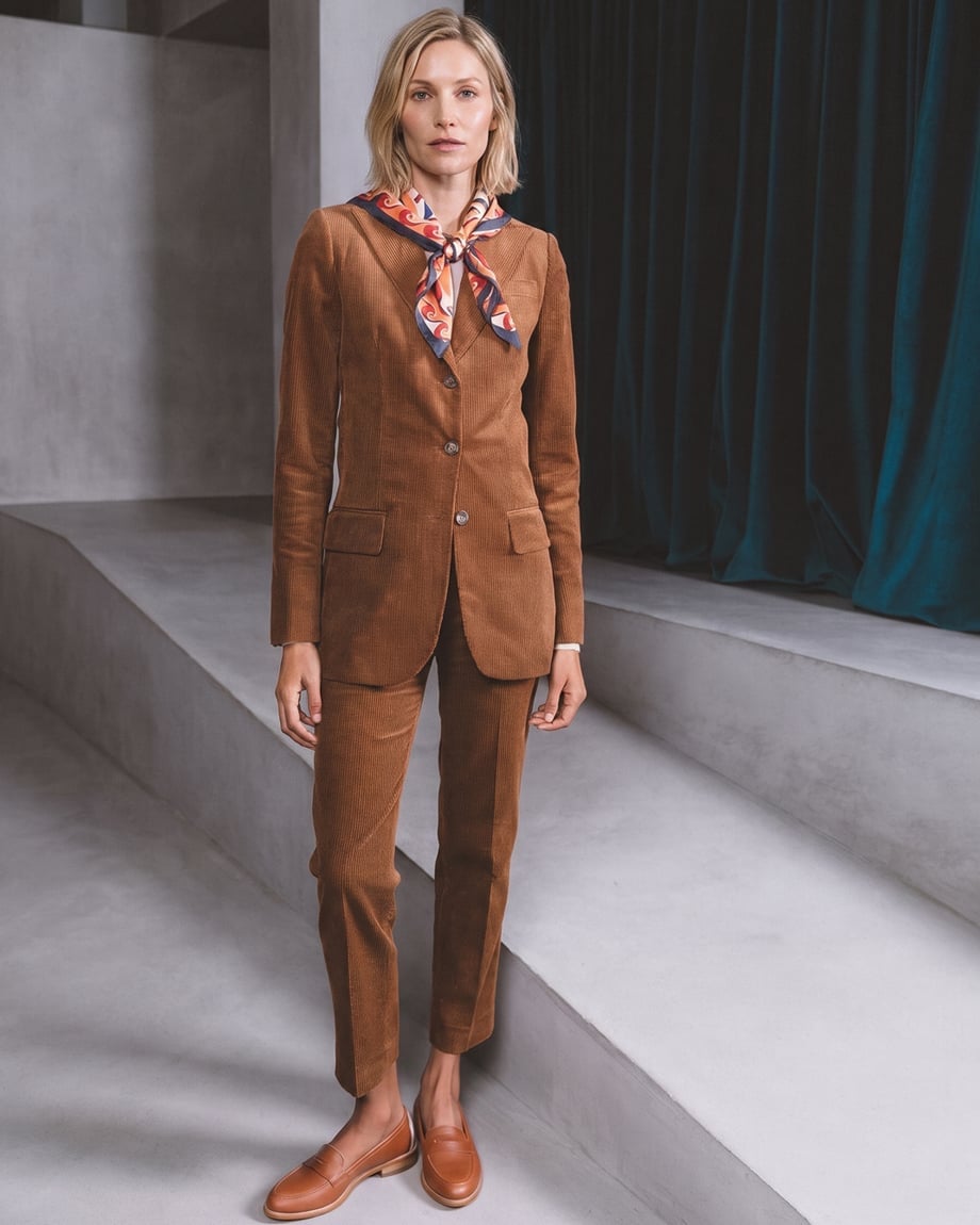 Brown Corduroy Suit with Printed Scarf Brown Corduroy Suit with Printed Scarf — Classy Corduroy Jacket Outfits