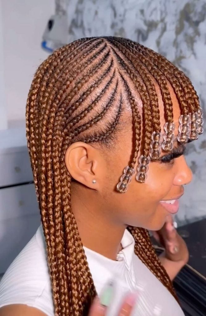 Light Brown Micro Braids With Beaded Fringe Light Brown Micro Braids With Beaded Fringe — Classy Cornrows Hairstyles