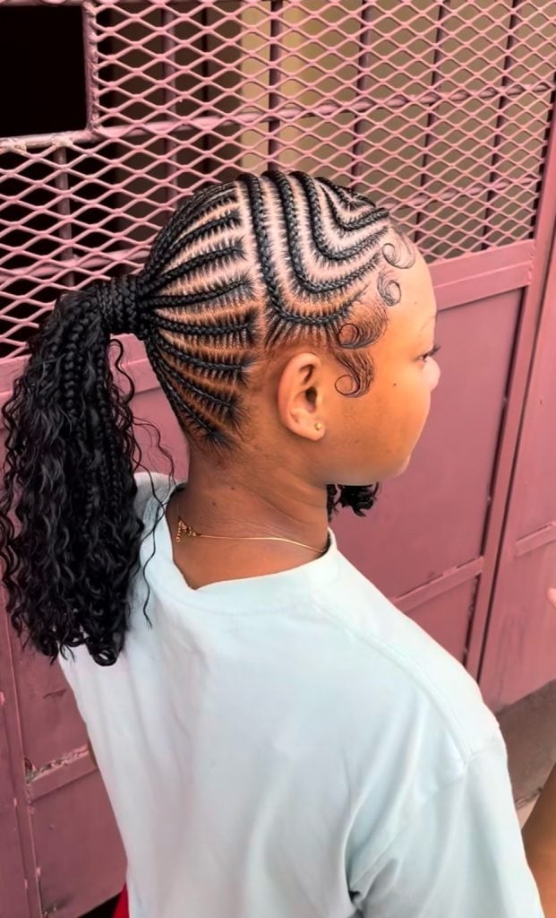 Geometric Cornrow Ponytail With Curly Ends Geometric Cornrow Ponytail With Curly Ends — Classy Cornrows Hairstyles