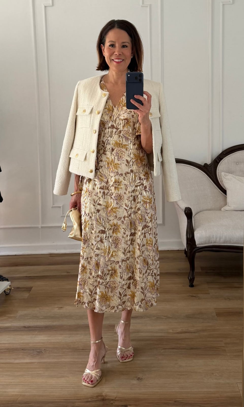Tweed Jacket Over Floral Print Dress — Classy Cream Outfits