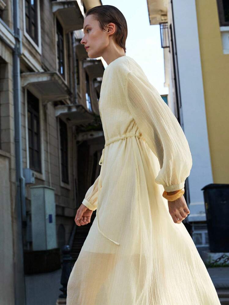 Sheer Cream Dress with Tie Waist — Classy Cream Outfits