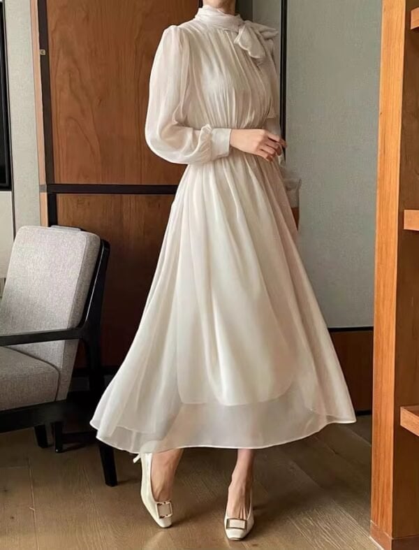 Layered Chiffon Dress with Neckline Bow — Classy Cream Outfits