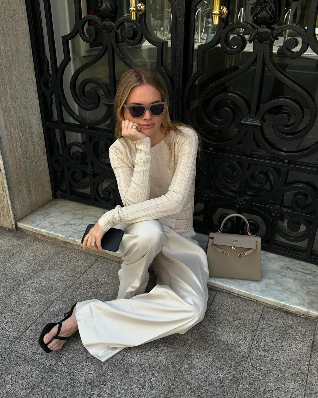 Cream Wide-Leg Trousers with a Beige Ribbed Top Cream Wide-Leg Trousers with a Beige Ribbed Top — Classy Cream Pants Outfits