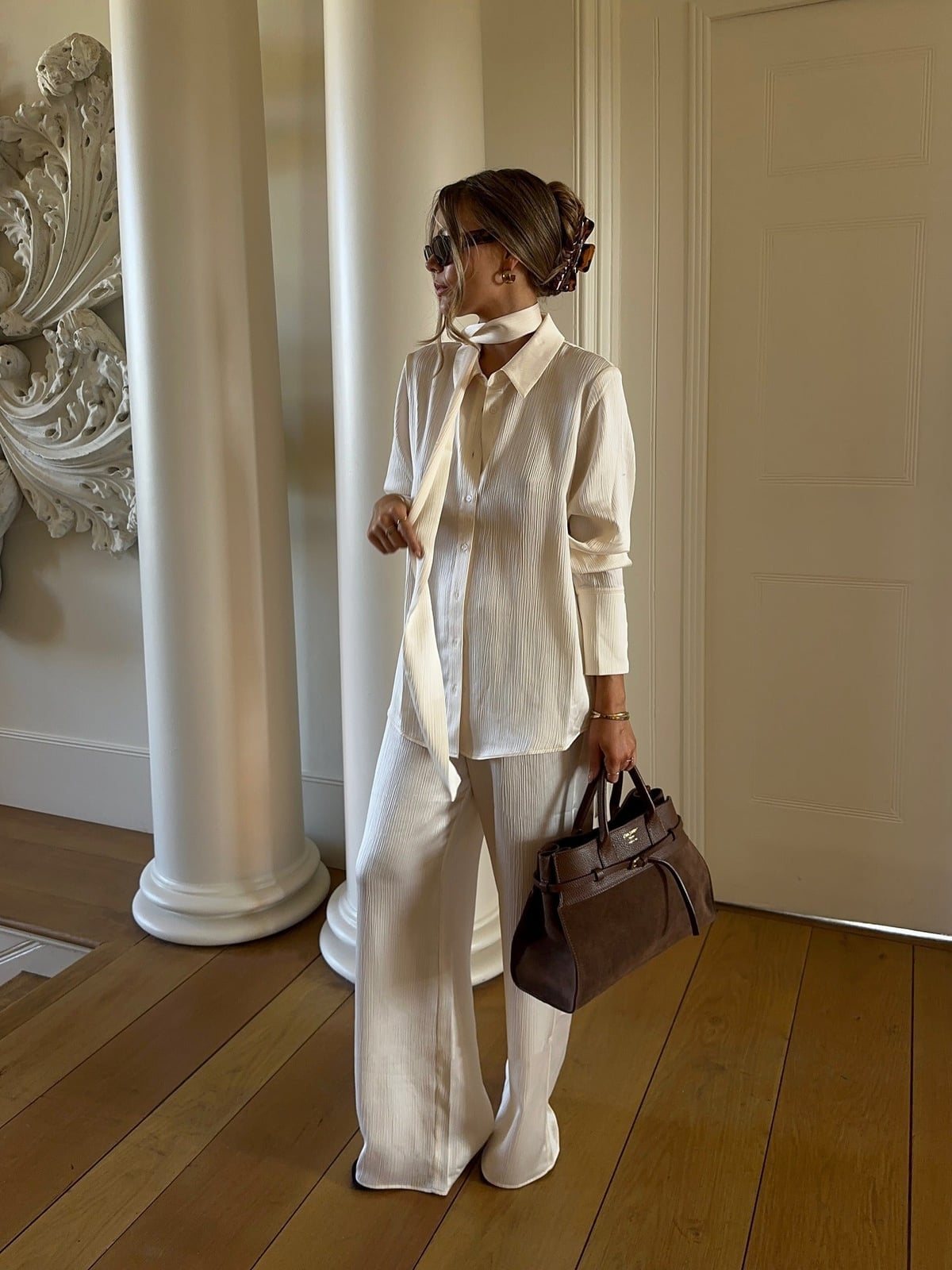 Cream Wide-Leg Trousers with a Matching Oversized Shirt Cream Wide-Leg Trousers with a Matching Oversized Shirt — Classy Cream Pants Outfits