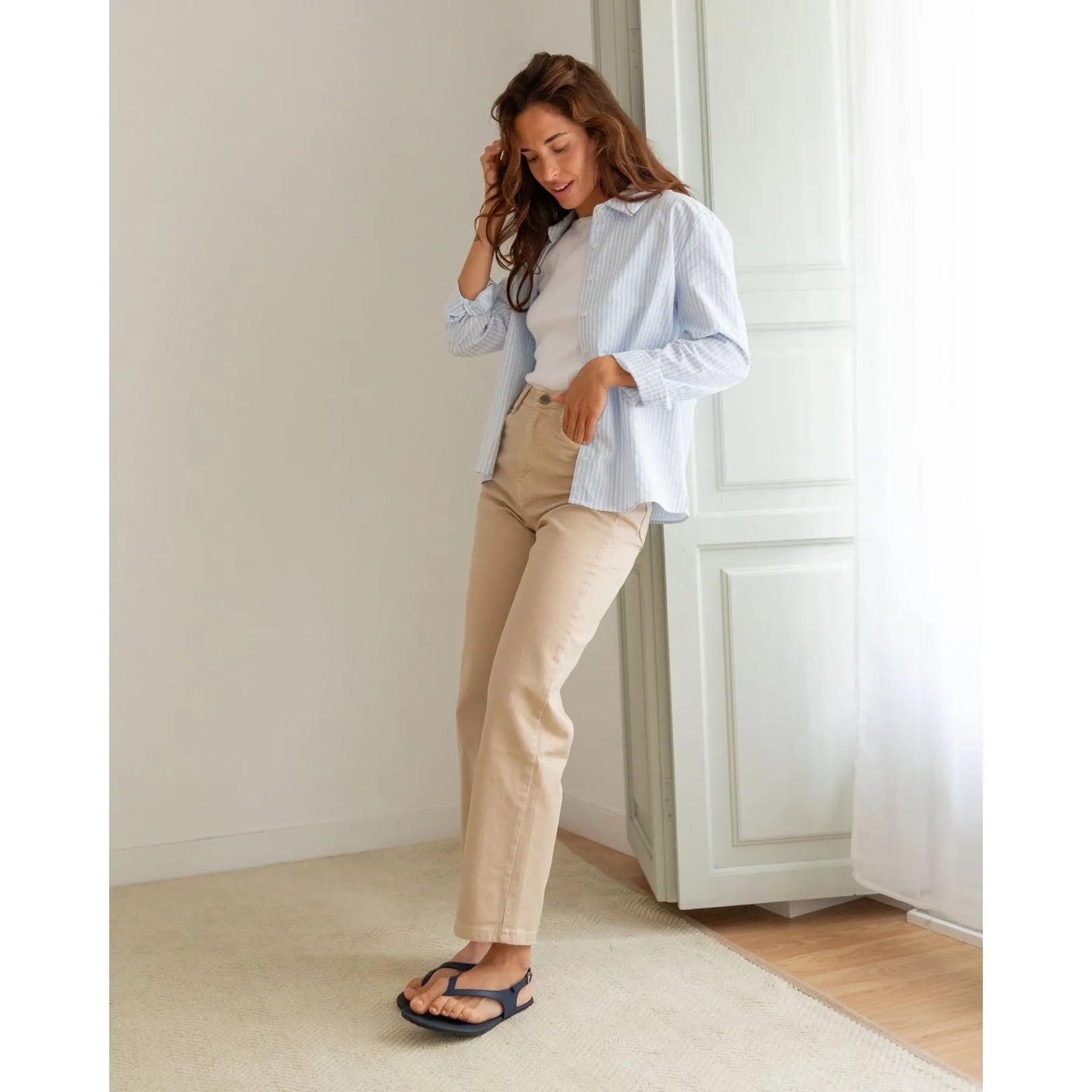 Beige Straight-Leg Trousers with a Striped Shirt Beige Straight-Leg Trousers with a Striped Shirt — Classy Cream Pants Outfits