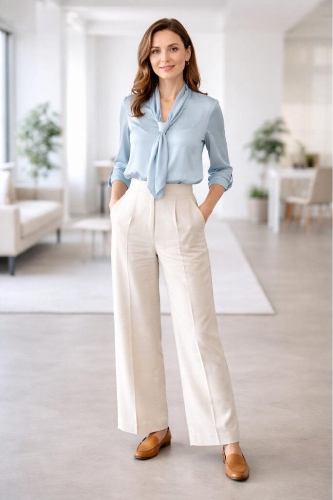 Cream Linen-Blend Trousers with a Blue Tie-Neck Blouse Cream Linen-Blend Trousers with a Blue Tie-Neck Blouse — Classy Cream Pants Outfits