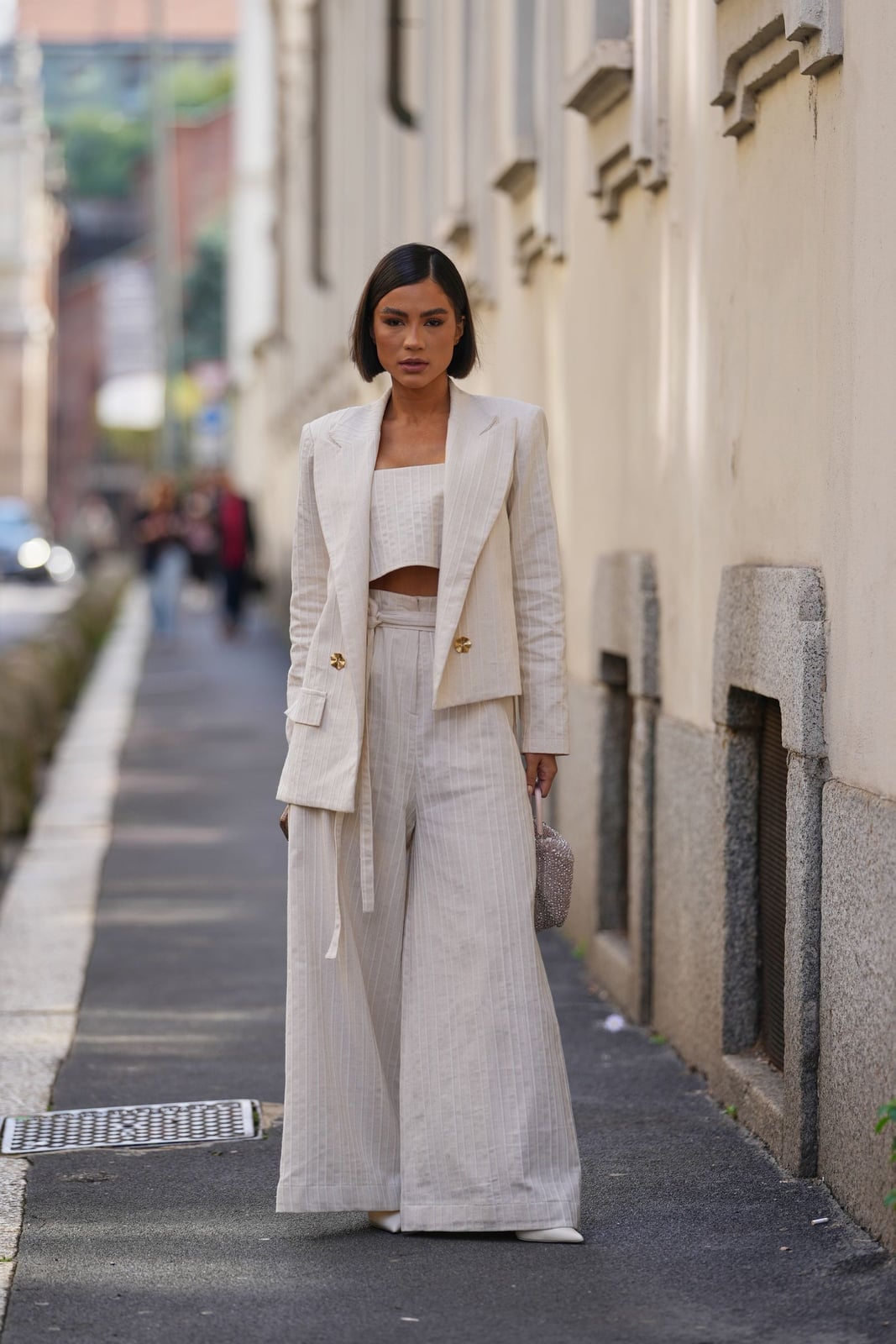 Cream Linen-Blend Set with Cropped Jacket and Wide-Leg Trousers Cream Linen-Blend Set with Cropped Jacket and Wide-Leg Trousers — Classy Cream Pants Outfits