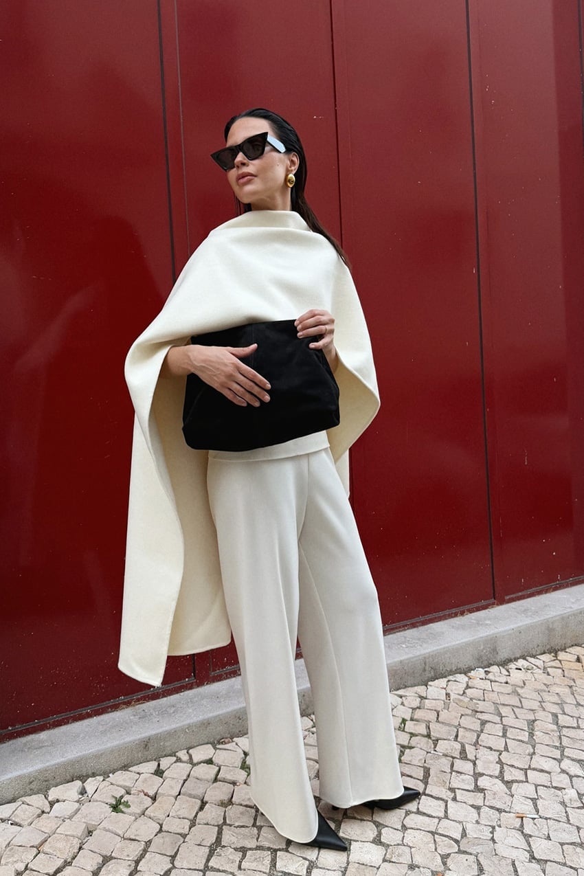 Cream Wide-Leg Trousers with a Dramatic Cape Cream Wide-Leg Trousers with a Dramatic Cape — Classy Cream Pants Outfits