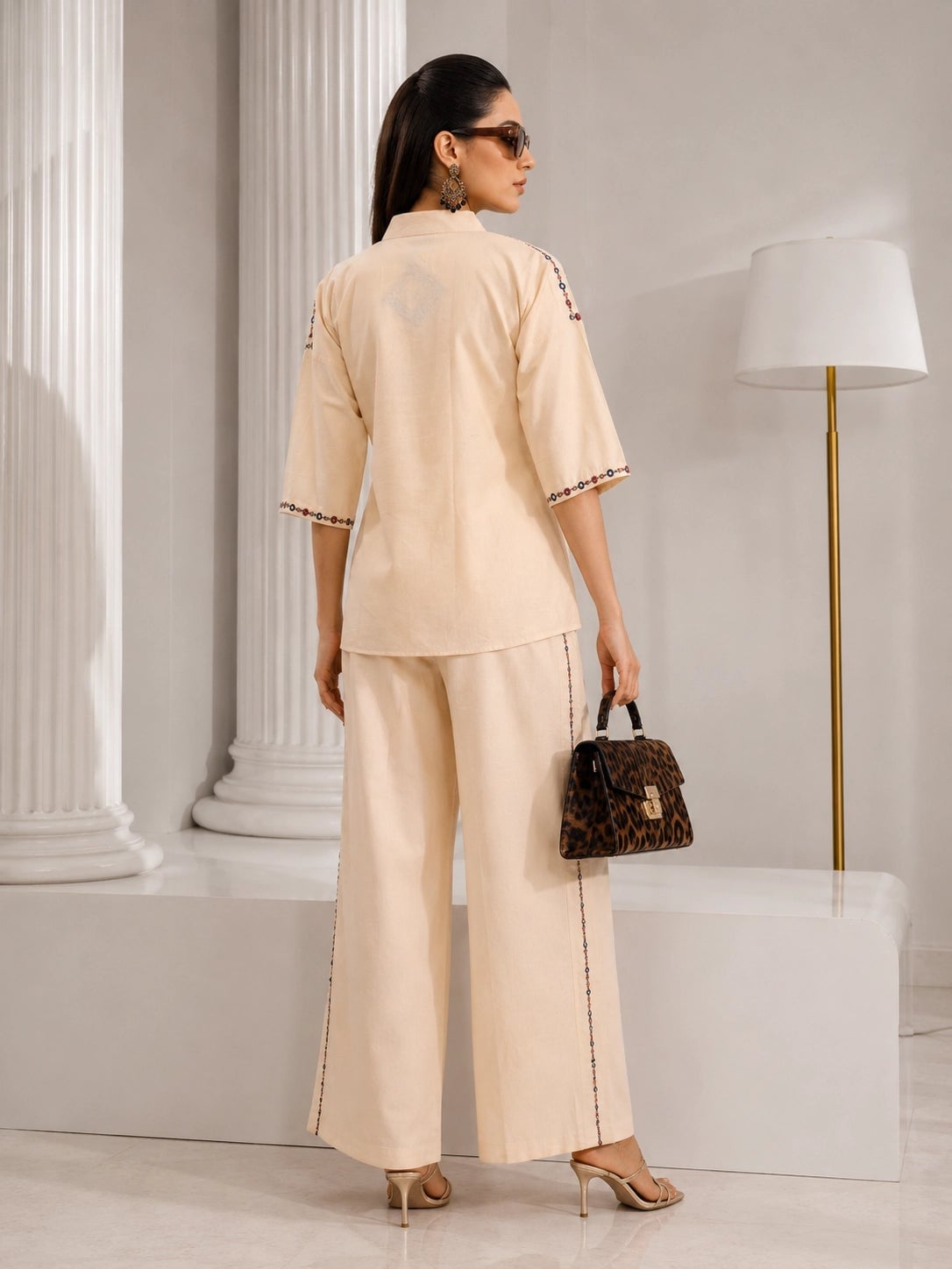 Cream Embroidered Wide-Leg Trousers with Matching Top Cream Embroidered Wide-Leg Trousers with Matching Top — Classy Cream Pants Outfits