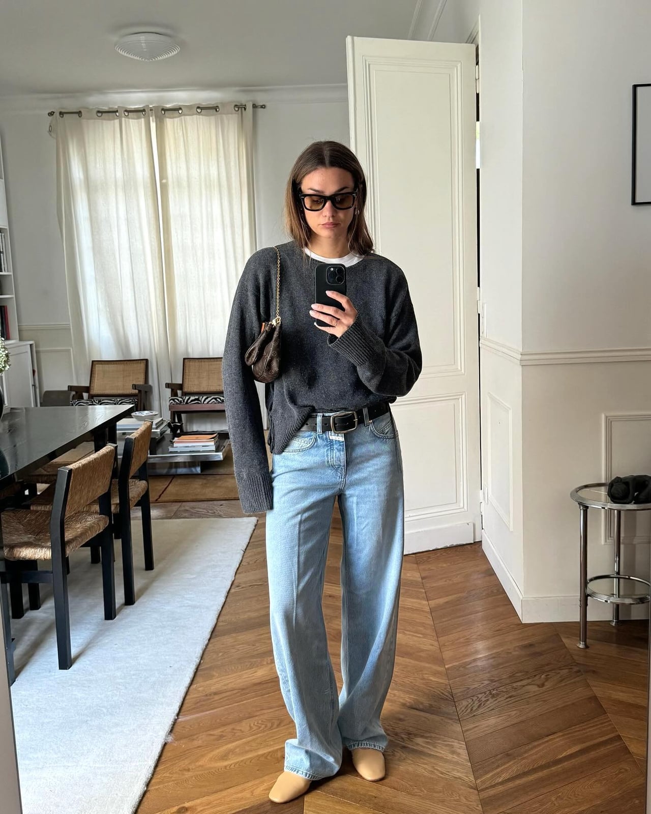 Grey Crewneck Sweater with Wide Leg Jeans and Loafers — Classy Crewneck Outfits