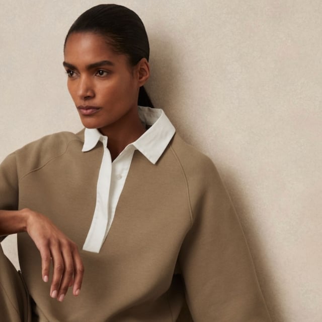Beige Sweatshirt Layered Over White Collared, Office-Safe Version — Classy Crewneck Outfits