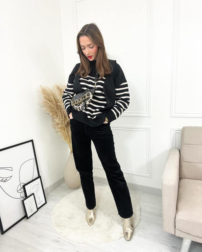 Striped Crewneck Sweater Under Black Vest With Straight Leg Trousers — Classy Crewneck Outfits