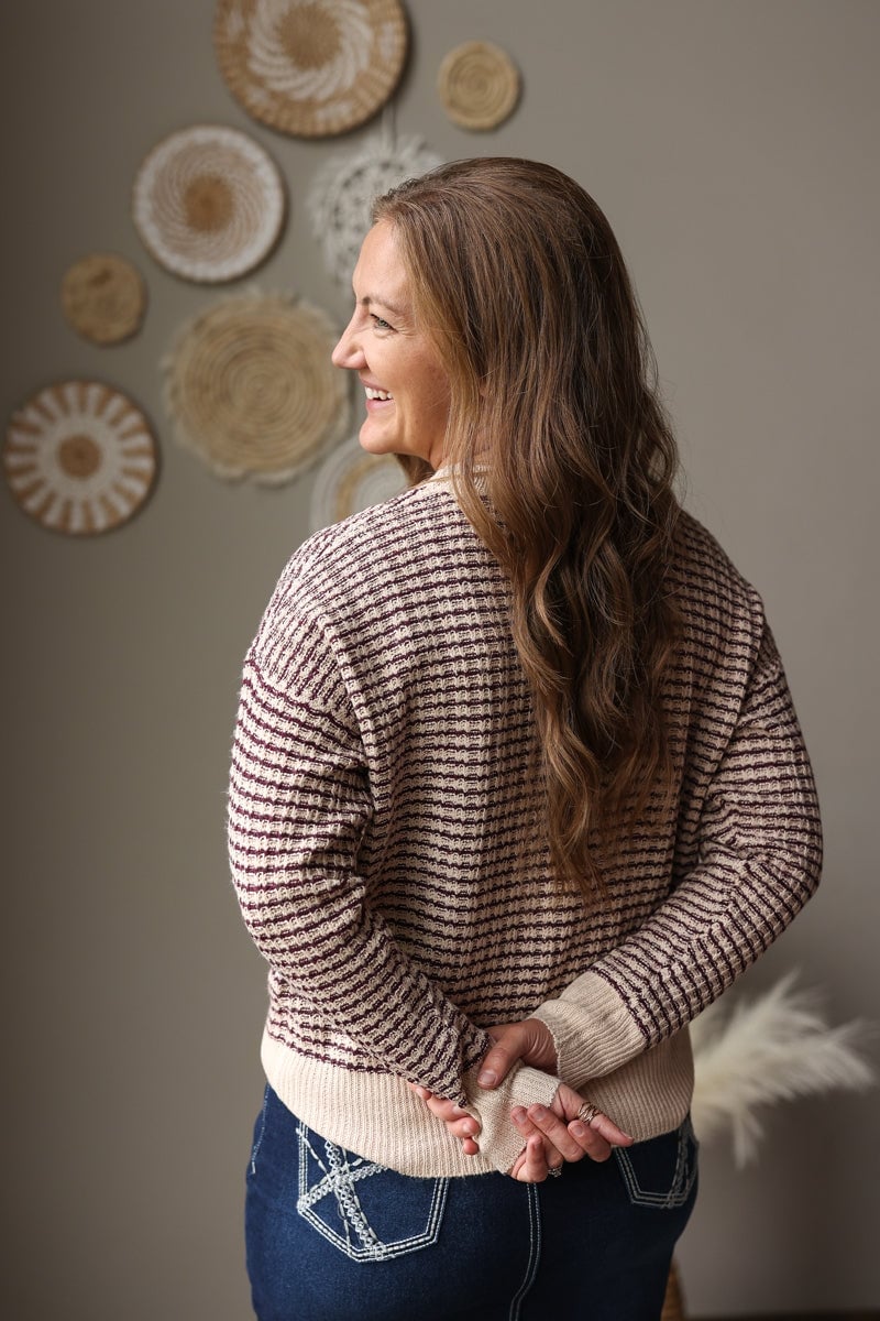 Checkered Waffle Knit Sweater with Denim Pencil Skirt — Classy Crewneck Outfits